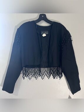 Vintage Alex Evenings Black Beaded Fringe Cropped Cardigan